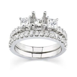 Modern Bridal Set 2 / 14K. GOLD 1.35 CT ROUND & PRINCESS CUT NATURAL DIAMONDS